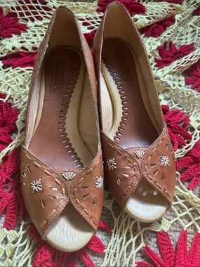 Pikolinos Brown Leather Floral Peep Toe Shoes Boho EU 37 US 6.5